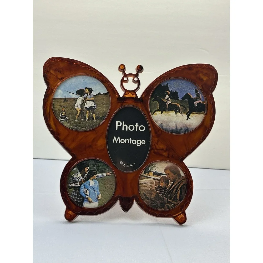 Vintage Butterfly Lucite Photo Frame Amber Acrylic 5 Opening MCM Retro Decor